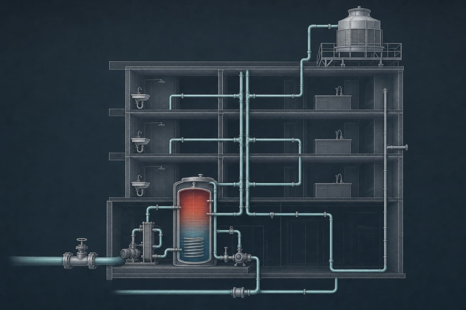 Cutaway of a building hot water system: calorifier, recirculation loop, risers, a dead leg and a rooftop cooling tower