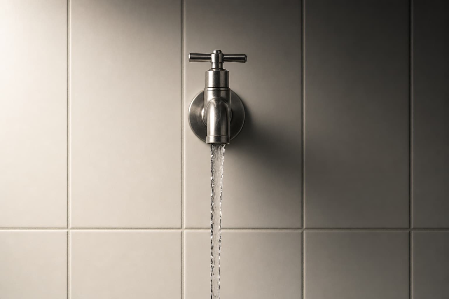 A stainless steel tap on a tiled institutional wall with water running clear