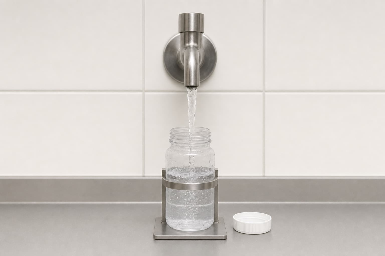 The same tap with a sterile clear sample bottle held under the stream, its cap resting beside it