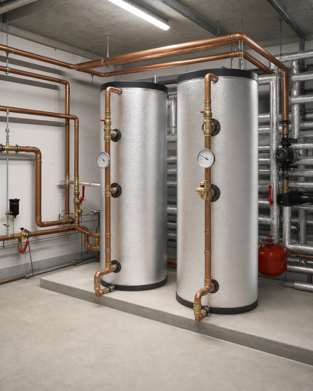 A hotel plant room with two insulated calorifiers, copper pipework and dial thermometers on flow and return