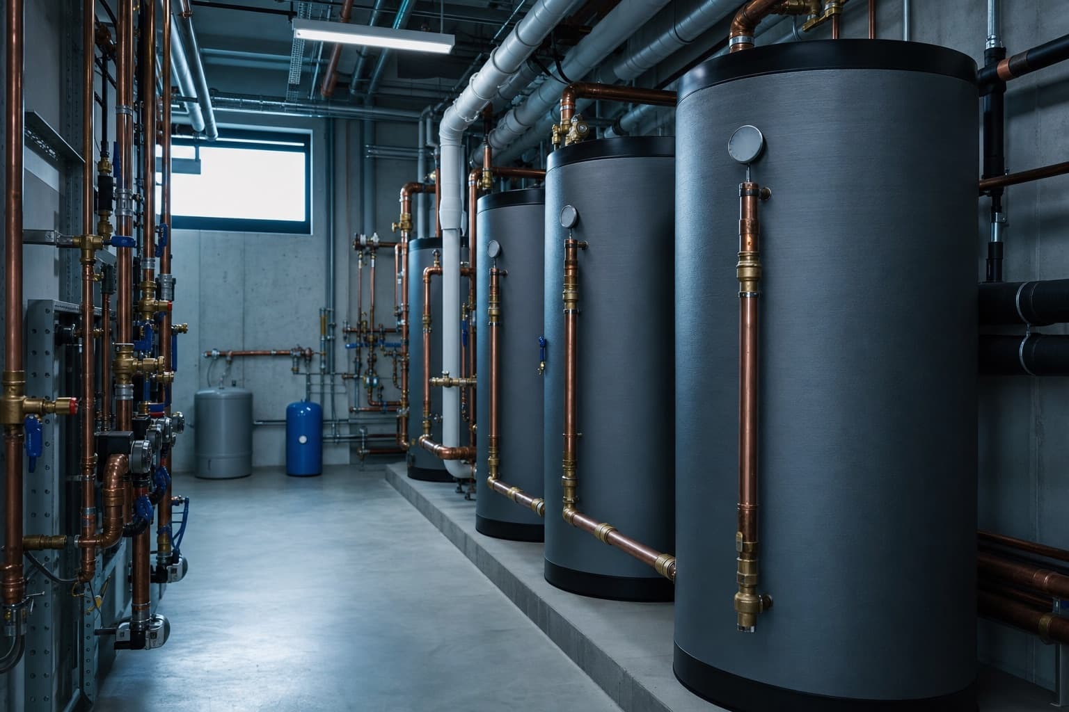 A commercial plant room: insulated hot water storage tanks and copper distribution pipework with sampling valves