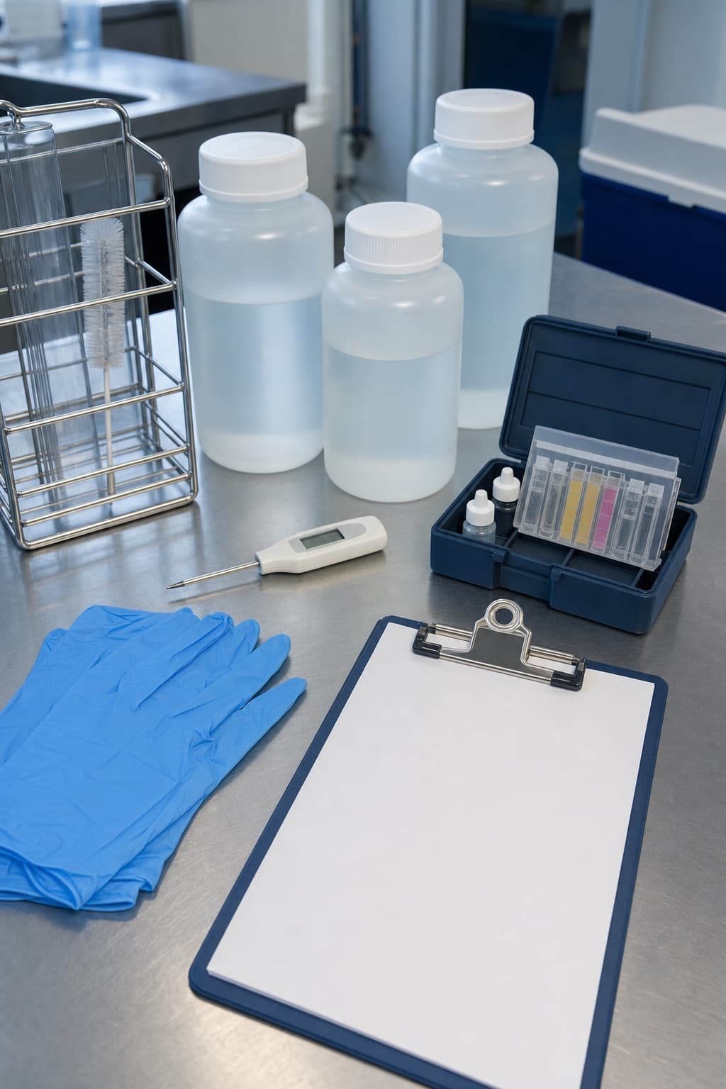 Sterile sample bottles, a thermometer and a chlorine test kit laid out on a stainless bench