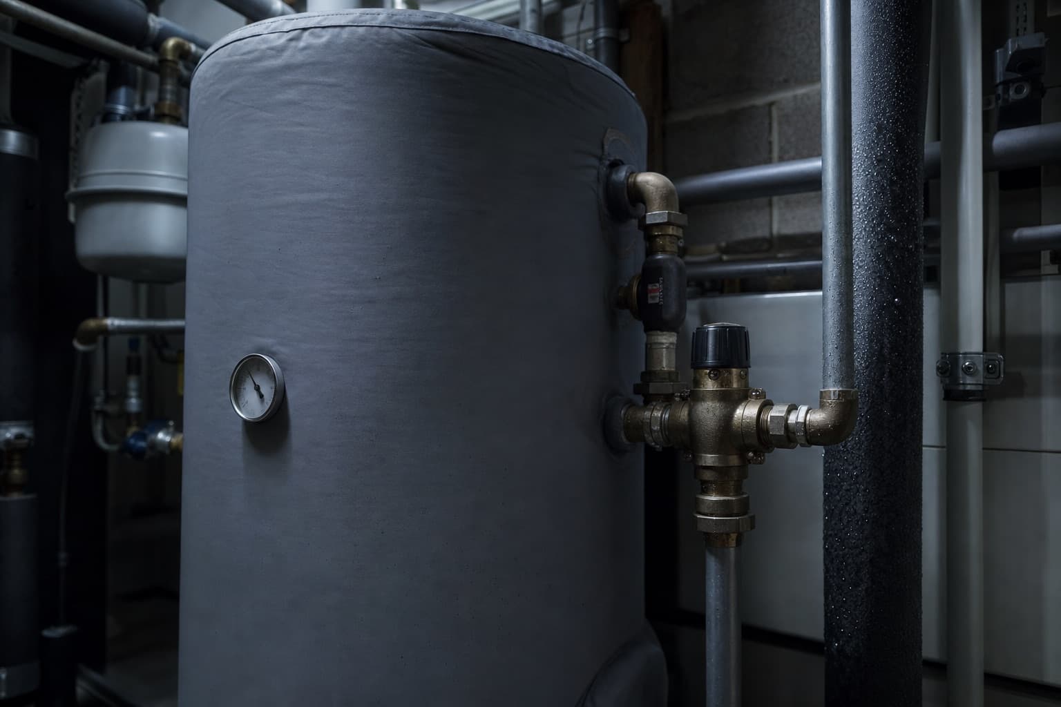 An insulated calorifier with its thermometer and a blending valve on the outlet